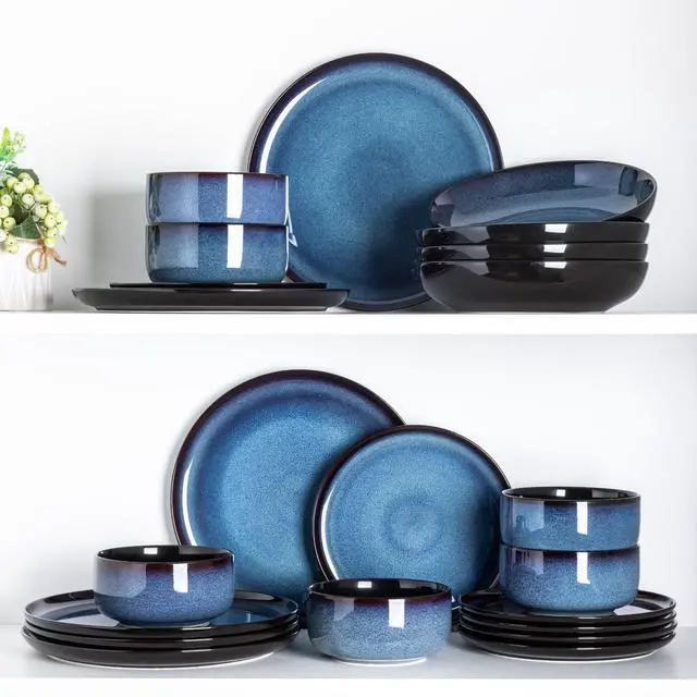 Alt view image 7 of 7 - Ceramic Dinnerware Sets for 4,Porcelain Plates and Bowls Sets,Handmade Reactive Glaze Dishes Set,Chip Resistant and Scratch Resistant | Oven&Dishwasher & Microwave Safe,Service for 4-Blue