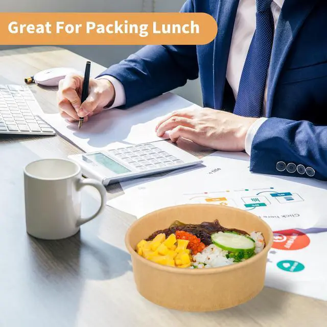 Alt view image 6 of 6 - 100 Pack 20 oz Disposable Bowls with Lids, Kraft Paper Salad Bowls with Lids, Paper Soup Bowls Food Container for Cold/Hot Food or Takeout