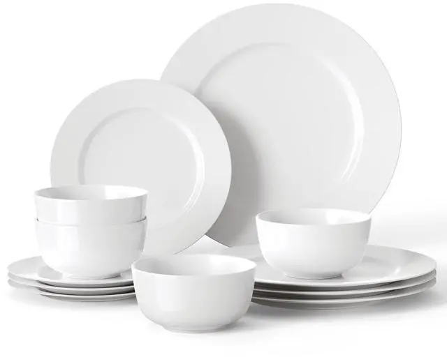 Main image of 16 Pieces Plates and Bowls Sets, White Porcelain Dinnerware Sets, Ceramic Dishes Set Service for 4, White Kitchen Dinner Dining Ware Set