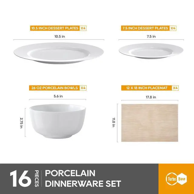 Alt view image 2 of 6 - 16 Pieces Plates and Bowls Sets, White Porcelain Dinnerware Sets, Ceramic Dishes Set Service for 4, White Kitchen Dinner Dining Ware Set