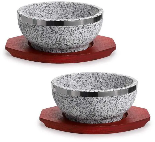 Main image of 2 Pcs Dolsot Bibimbap Bowl 32 Oz, Granite Stone Bowl with Wood Base, Dolsot Pot for Korean Soup, Rice and Stew