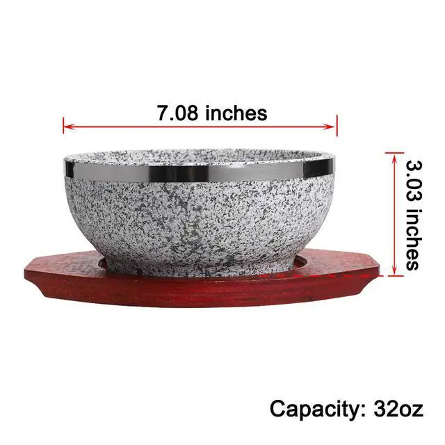 Alt view image 2 of 7 - 2 Pcs Dolsot Bibimbap Bowl 32 Oz, Granite Stone Bowl with Wood Base, Dolsot Pot for Korean Soup, Rice and Stew