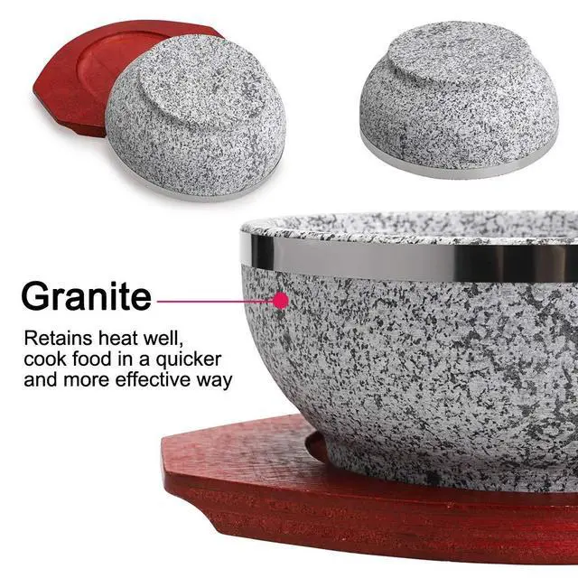 Alt view image 3 of 7 - 2 Pcs Dolsot Bibimbap Bowl 32 Oz, Granite Stone Bowl with Wood Base, Dolsot Pot for Korean Soup, Rice and Stew