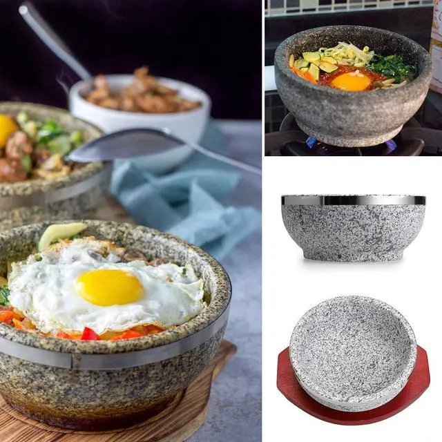 Alt view image 4 of 7 - 2 Pcs Dolsot Bibimbap Bowl 32 Oz, Granite Stone Bowl with Wood Base, Dolsot Pot for Korean Soup, Rice and Stew