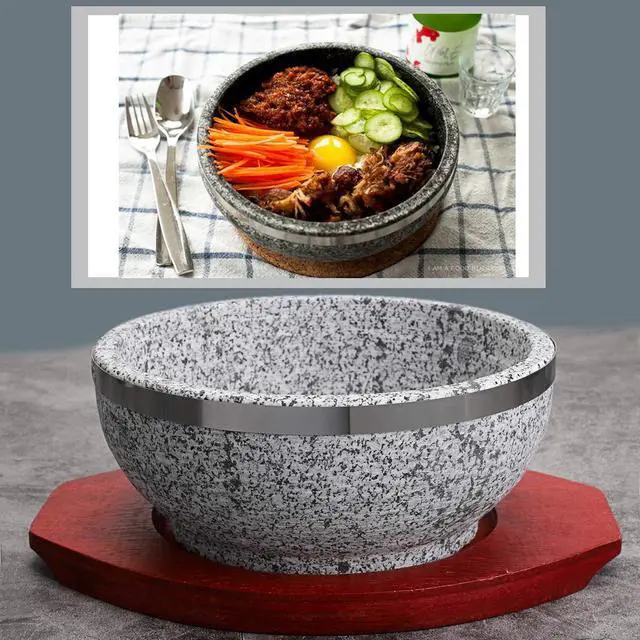 Alt view image 5 of 7 - 2 Pcs Dolsot Bibimbap Bowl 32 Oz, Granite Stone Bowl with Wood Base, Dolsot Pot for Korean Soup, Rice and Stew
