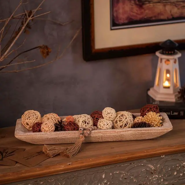 Alt view image 4 of 7 - Decorative Wood Dough Bowl: Large Long Wooden Bowl for Entry Way Table Home Decor - Coffee Table Decor for Living Room - Dining Table Centerpiece Decor, White