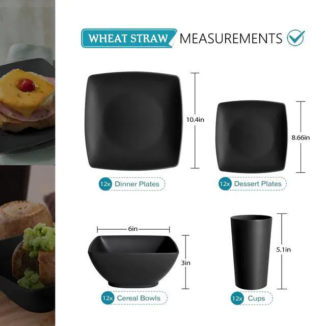 Alt view image 2 of 7 - 48-piece Plastic Wheat Straw Square Dinnerware Set for 12, Unbreakable Dinner Plates, Salad Plates, Snack Bowls, Tumblers 13.5 oz, Dishwasher Safe Kitchen Outdoor Camping RV Dish, Black