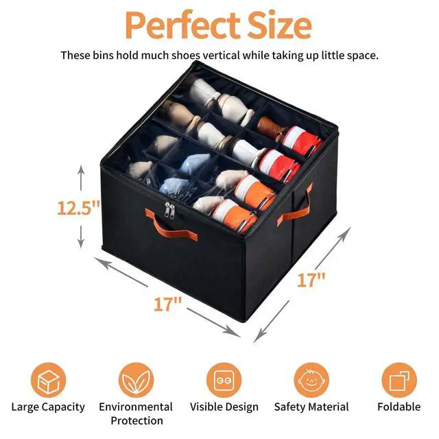 Alt view image 2 of 7 - 2 Pack Shoe Organizer for Closet, Fits up to 32 Pairs, Adjustable Dividers for Shoe Storage, Space-Saving Shoe Bins and Clear Top, Black