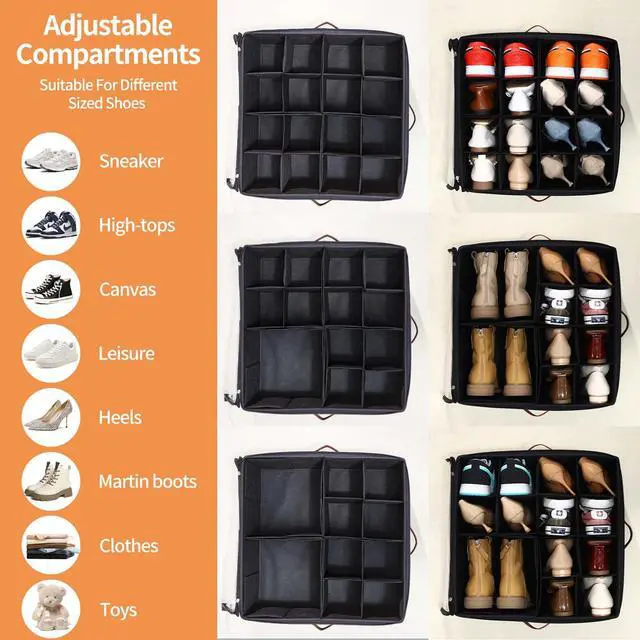 Alt view image 3 of 7 - 2 Pack Shoe Organizer for Closet, Fits up to 32 Pairs, Adjustable Dividers for Shoe Storage, Space-Saving Shoe Bins and Clear Top, Black