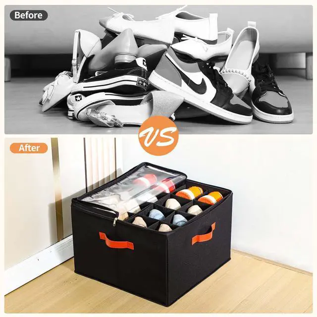 Alt view image 5 of 7 - 2 Pack Shoe Organizer for Closet, Fits up to 32 Pairs, Adjustable Dividers for Shoe Storage, Space-Saving Shoe Bins and Clear Top, Black