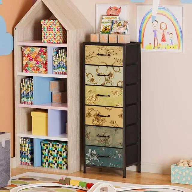 Alt view image 2 of 7 - Tall 6 Drawers Dresser, Vintage Storage Organizer Unit with Fabric Bins for Bedroom, Living Room, Closet, Nusery, Dorm, Entryway, Bedside Furniture, Sturdy Metal Frame, Wood Top