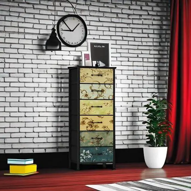 Alt view image 5 of 7 - Tall 6 Drawers Dresser, Vintage Storage Organizer Unit with Fabric Bins for Bedroom, Living Room, Closet, Nusery, Dorm, Entryway, Bedside Furniture, Sturdy Metal Frame, Wood Top