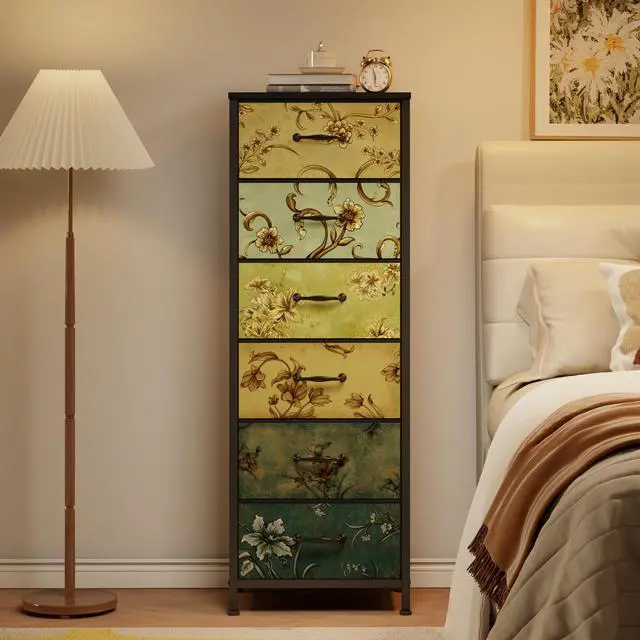 Alt view image 3 of 7 - Tall 6 Drawers Dresser, Vintage Storage Organizer Unit with Fabric Bins for Bedroom, Living Room, Closet, Nusery, Dorm, Entryway, Bedside Furniture, Sturdy Metal Frame, Wood Top