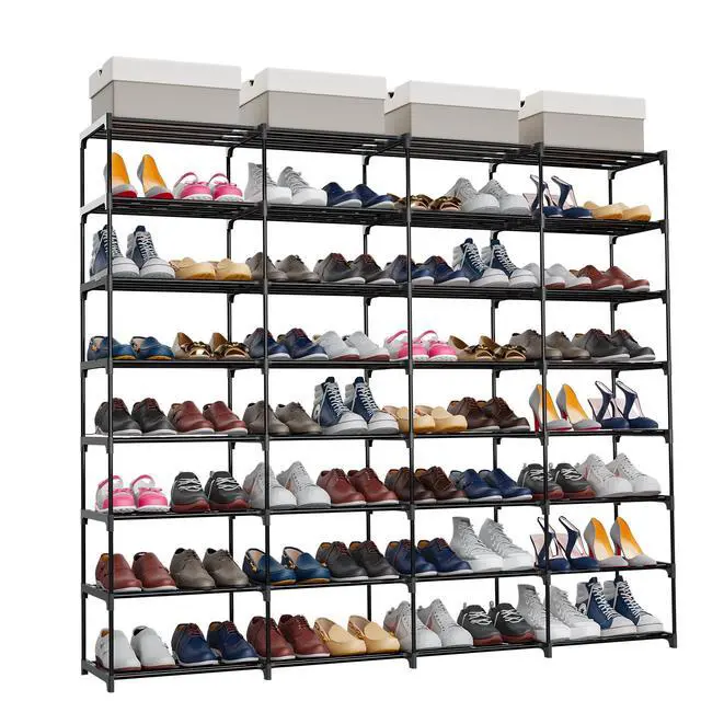 Alt view image 2 of 7 - Large Shoe Rack 4 Row 8 Tier for Entryway Holds 64 Pairs, Metal & Plastic Sneaker Shelves, DIY Assembly, Space Saving Storage Organizer for Garage Closet, 66.1" W x 49.2" H