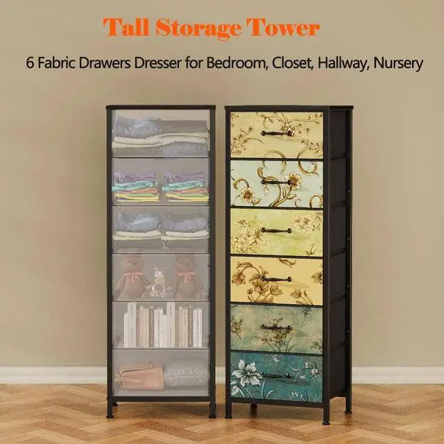 Alt view image 6 of 7 - Tall 6 Drawers Dresser, Vintage Storage Organizer Unit with Fabric Bins for Bedroom, Living Room, Closet, Nusery, Dorm, Entryway, Bedside Furniture, Sturdy Metal Frame, Wood Top