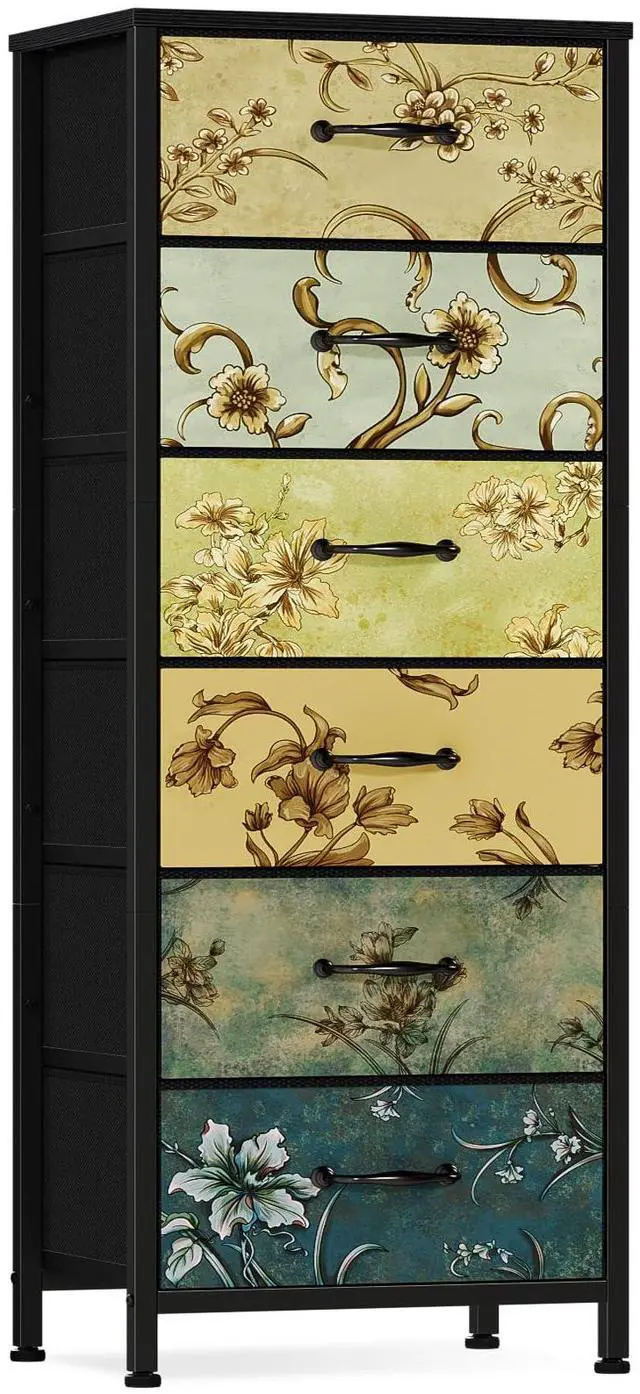 Main image of Tall 6 Drawers Dresser, Vintage Storage Organizer Unit with Fabric Bins for Bedroom, Living Room, Closet, Nusery, Dorm, Entryway, Bedside Furniture, Sturdy Metal Frame, Wood Top