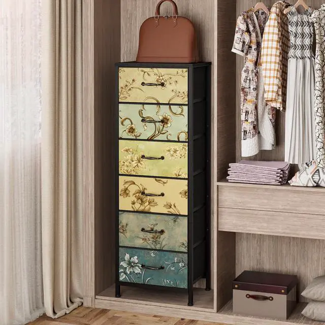 Alt view image 4 of 7 - Tall 6 Drawers Dresser, Vintage Storage Organizer Unit with Fabric Bins for Bedroom, Living Room, Closet, Nusery, Dorm, Entryway, Bedside Furniture, Sturdy Metal Frame, Wood Top