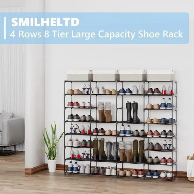 Alt view image 3 of 7 - Large Shoe Rack 4 Row 8 Tier for Entryway Holds 64 Pairs, Metal & Plastic Sneaker Shelves, DIY Assembly, Space Saving Storage Organizer for Garage Closet, 66.1" W x 49.2" H