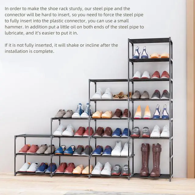 Alt view image 5 of 7 - Large Shoe Rack 4 Row 8 Tier for Entryway Holds 64 Pairs, Metal & Plastic Sneaker Shelves, DIY Assembly, Space Saving Storage Organizer for Garage Closet, 66.1" W x 49.2" H
