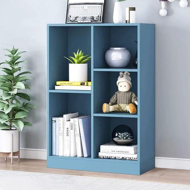 Main image of Open Shelf Low Bookcase - Wooden 3-Tier Floor Standing Display Cabinet Organizer with Base, 5 Cubes Short Horizontal Bookshelf in Bright Blue