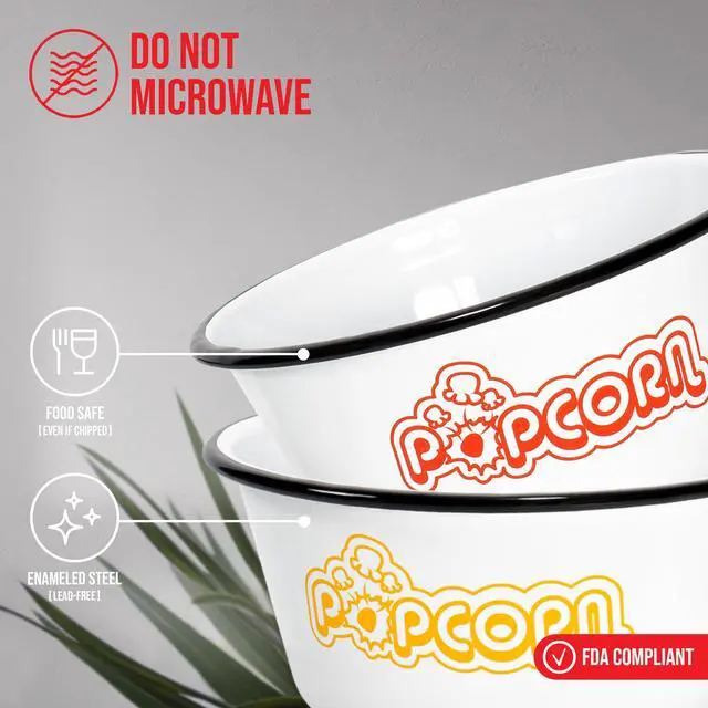 Alt view image 4 of 7 - Set of 4 White Enamelware Metal Classic 1.2 Quart Popcorn Bowls, Assorted Color Prints/Black Rim