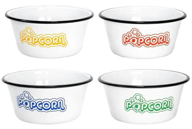 Alt view image 2 of 7 - Set of 4 White Enamelware Metal Classic 1.2 Quart Popcorn Bowls, Assorted Color Prints/Black Rim
