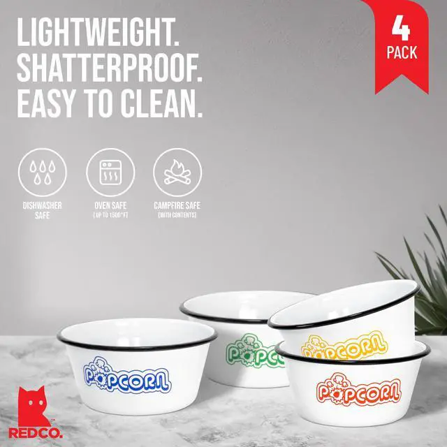 Alt view image 3 of 7 - Set of 4 White Enamelware Metal Classic 1.2 Quart Popcorn Bowls, Assorted Color Prints/Black Rim
