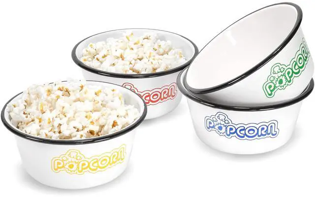 Main image of Set of 4 White Enamelware Metal Classic 1.2 Quart Popcorn Bowls, Assorted Color Prints/Black Rim