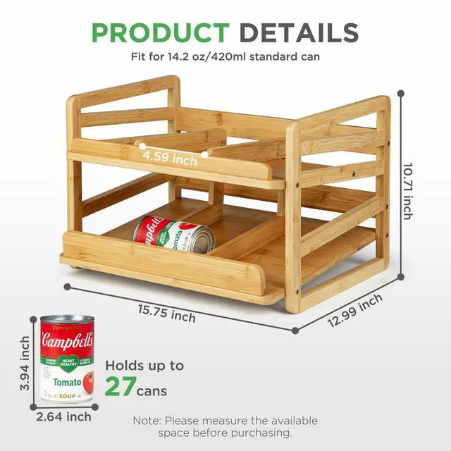 Alt view image 2 of 7 - Bamboo Rolling Can Organizer for Pantry, Stackable 2 Tier Canned Food Organizer Rack for Storage, Kitchen Cabinet, Can Holders Dispensers for Pantry Up To 27 Cans