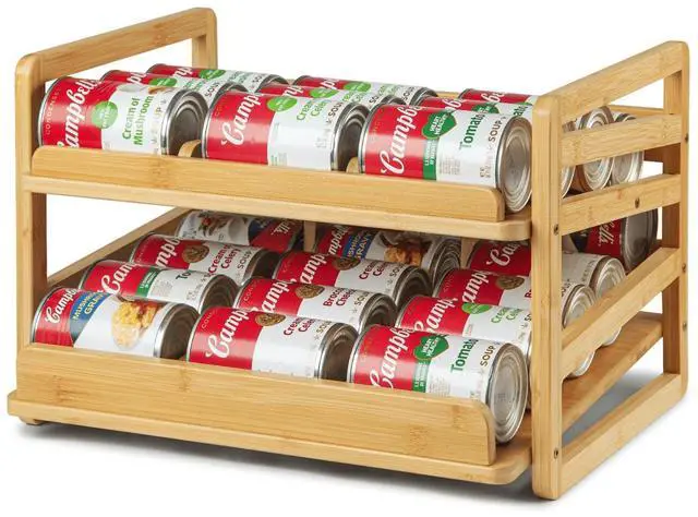 Main image of Bamboo Rolling Can Organizer for Pantry, Stackable 2 Tier Canned Food Organizer Rack for Storage, Kitchen Cabinet, Can Holders Dispensers for Pantry Up To 27 Cans