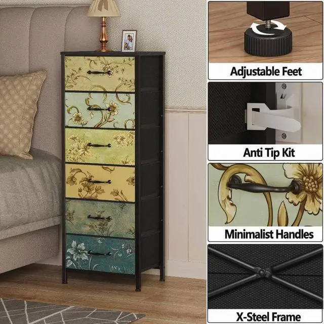 Alt view image 7 of 7 - Tall 6 Drawers Dresser, Vintage Storage Organizer Unit with Fabric Bins for Bedroom, Living Room, Closet, Nusery, Dorm, Entryway, Bedside Furniture, Sturdy Metal Frame, Wood Top