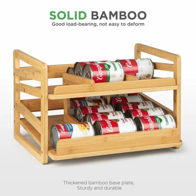 Alt view image 3 of 7 - Bamboo Rolling Can Organizer for Pantry, Stackable 2 Tier Canned Food Organizer Rack for Storage, Kitchen Cabinet, Can Holders Dispensers for Pantry Up To 27 Cans