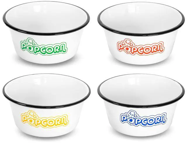 Alt view image 7 of 7 - Set of 4 White Enamelware Metal Classic 1.2 Quart Popcorn Bowls, Assorted Color Prints/Black Rim