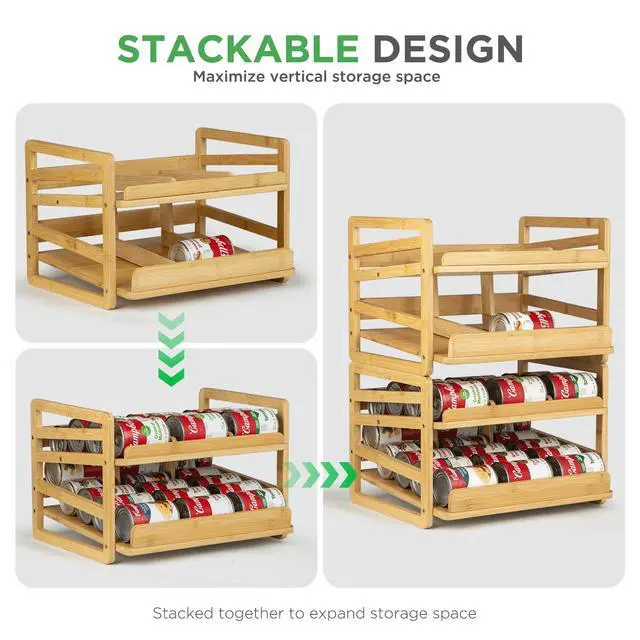 Alt view image 7 of 7 - Bamboo Rolling Can Organizer for Pantry, Stackable 2 Tier Canned Food Organizer Rack for Storage, Kitchen Cabinet, Can Holders Dispensers for Pantry Up To 27 Cans