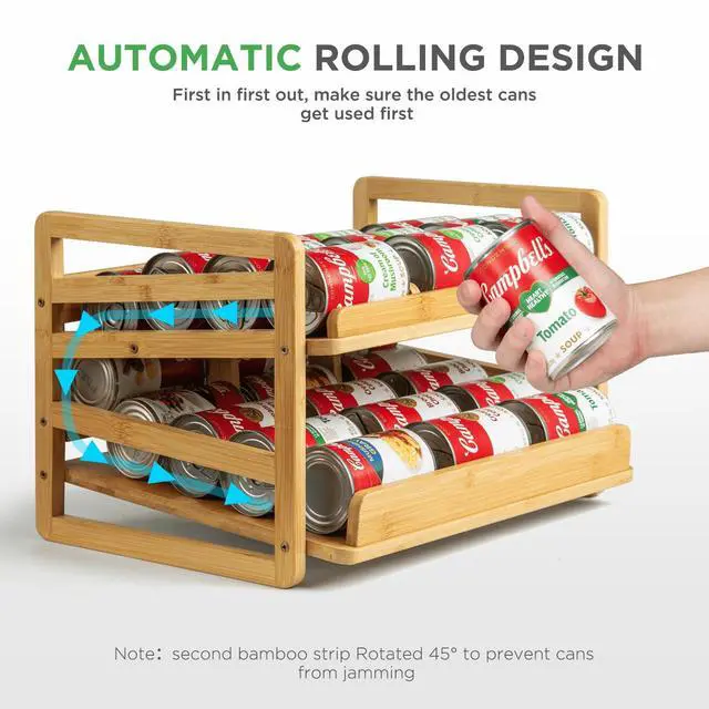 Alt view image 5 of 7 - Bamboo Rolling Can Organizer for Pantry, Stackable 2 Tier Canned Food Organizer Rack for Storage, Kitchen Cabinet, Can Holders Dispensers for Pantry Up To 27 Cans