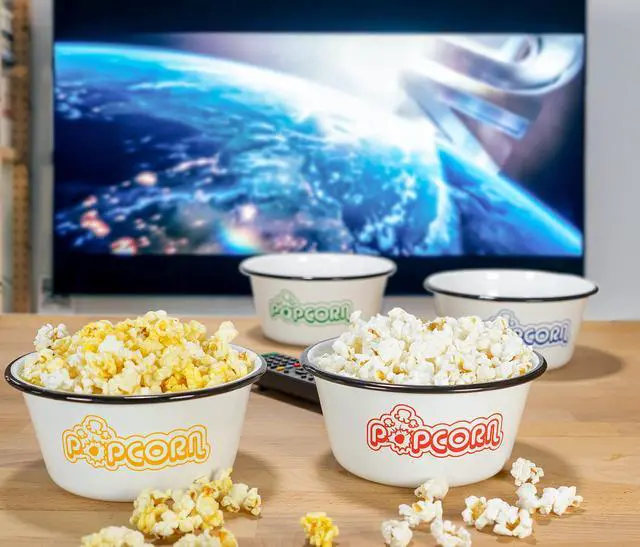 Alt view image 5 of 7 - Set of 4 White Enamelware Metal Classic 1.2 Quart Popcorn Bowls, Assorted Color Prints/Black Rim
