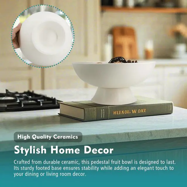 Alt view image 4 of 7 - White Pedestal Decorative Bowl - 8" Minimalist Decorative Fruit Bowl for Kitchen Counter, Entryway,Multi-Purpose Centerpiece bowl for Bread, Snacks, Candy, Perfect for Housewarming &Wedding Gift