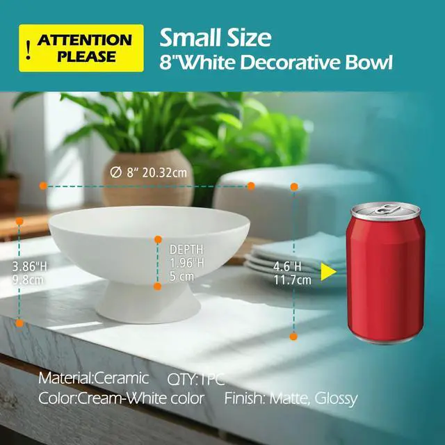 Alt view image 3 of 7 - White Pedestal Decorative Bowl - 8" Minimalist Decorative Fruit Bowl for Kitchen Counter, Entryway,Multi-Purpose Centerpiece bowl for Bread, Snacks, Candy, Perfect for Housewarming &Wedding Gift