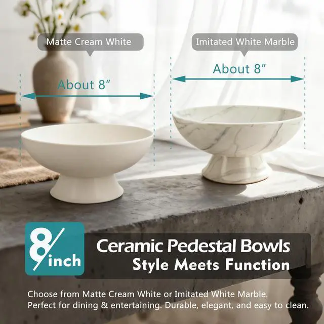 Alt view image 6 of 7 - White Pedestal Decorative Bowl - 8" Minimalist Decorative Fruit Bowl for Kitchen Counter, Entryway,Multi-Purpose Centerpiece bowl for Bread, Snacks, Candy, Perfect for Housewarming &Wedding Gift