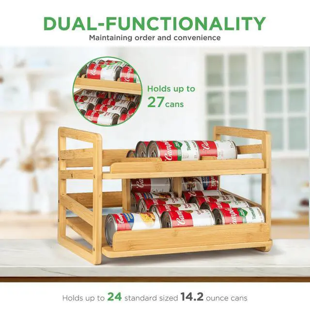 Alt view image 4 of 7 - Bamboo Rolling Can Organizer for Pantry, Stackable 2 Tier Canned Food Organizer Rack for Storage, Kitchen Cabinet, Can Holders Dispensers for Pantry Up To 27 Cans