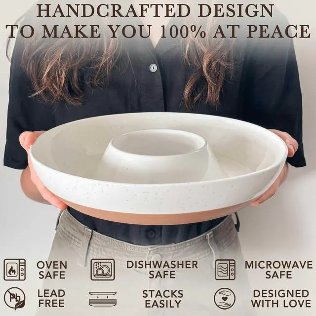 Alt view image 4 of 7 - Ceramic Chips and Dip Serving Tray: Large Divided Party Bowl Set for Chips & Salsa, Veggies & Dip, Fruit, Snacks, Entertaining, Hosting, etc. Minimalist Design for the Modern Hostess - White