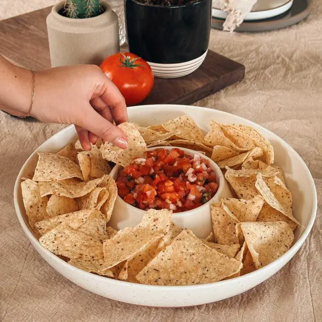 Alt view image 5 of 7 - Ceramic Chips and Dip Serving Tray: Large Divided Party Bowl Set for Chips & Salsa, Veggies & Dip, Fruit, Snacks, Entertaining, Hosting, etc. Minimalist Design for the Modern Hostess - White