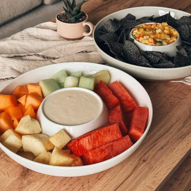 Alt view image 6 of 7 - Ceramic Chips and Dip Serving Tray: Large Divided Party Bowl Set for Chips & Salsa, Veggies & Dip, Fruit, Snacks, Entertaining, Hosting, etc. Minimalist Design for the Modern Hostess - White