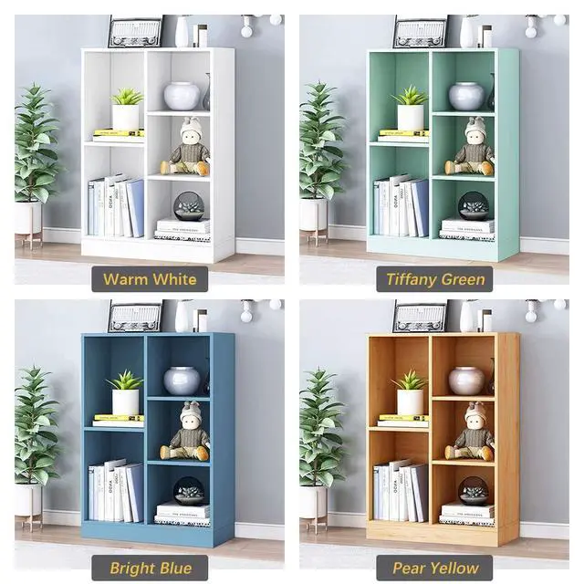 Alt view image 2 of 7 - Open Shelf Low Bookcase - Wooden 3-Tier Floor Standing Display Cabinet Organizer with Base, 5 Cubes Short Horizontal Bookshelf in Bright Blue