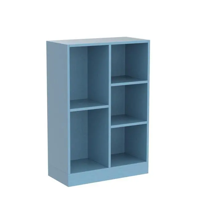 Alt view image 4 of 7 - Open Shelf Low Bookcase - Wooden 3-Tier Floor Standing Display Cabinet Organizer with Base, 5 Cubes Short Horizontal Bookshelf in Bright Blue