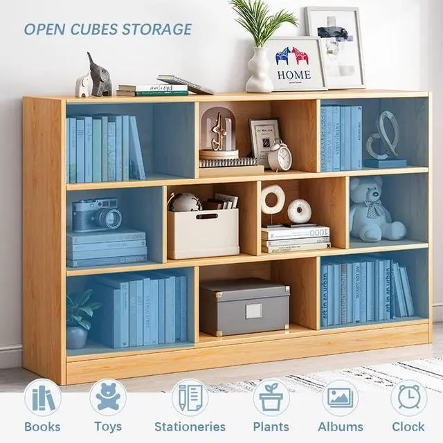 Alt view image 5 of 7 - Open Shelf Low Bookcase - Wooden 3-Tier Floor Standing Display Cabinet Organizer with Base, 5 Cubes Short Horizontal Bookshelf in Bright Blue