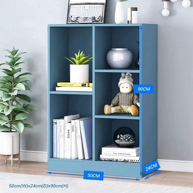 Alt view image 6 of 7 - Open Shelf Low Bookcase - Wooden 3-Tier Floor Standing Display Cabinet Organizer with Base, 5 Cubes Short Horizontal Bookshelf in Bright Blue