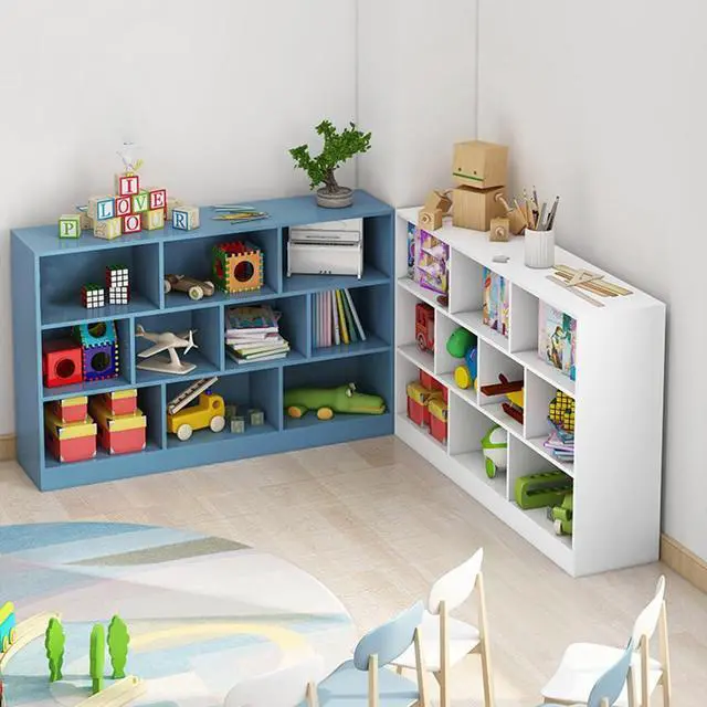 Alt view image 7 of 7 - Open Shelf Low Bookcase - Wooden 3-Tier Floor Standing Display Cabinet Organizer with Base, 5 Cubes Short Horizontal Bookshelf in Bright Blue