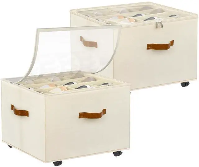 Main image of Shoe Organizer for Closet, 2 Pack Shoe Storage Organizer with Wheels and Adjustable Dividers, Stackable Shoe Storage Box with Clear Cover, Foldable Closet Shoe Organizer Fits up to 16-32 Pairs, Beige