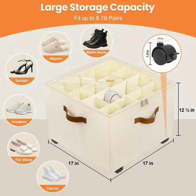 Alt view image 2 of 7 - Shoe Organizer for Closet, 2 Pack Shoe Storage Organizer with Wheels and Adjustable Dividers, Stackable Shoe Storage Box with Clear Cover, Foldable Closet Shoe Organizer Fits up to 16-32 Pairs, Beige